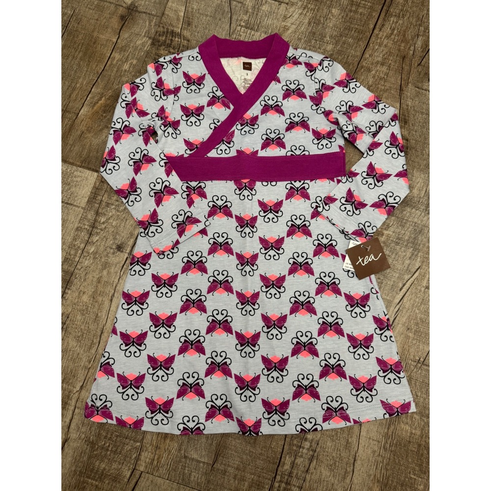 Tea Collection Girls Butterfly Print Wrap Dress Long Sleeve Magenta Grey Size 3